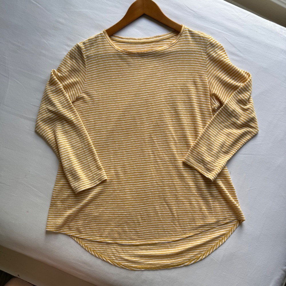 Eileen Fisher Yellow White Striped Organic Linen Long Sleeve Top XS Euro Summer
